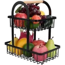 Cesto Fruteira de Mesa Organizadora com Alça Bambu 2 andares