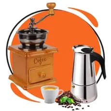 Cafeteira Italiana 6 Xícaras Inox e Mini Moinho Manual de grãos vintage