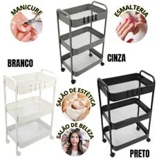 Carrinho Auxiliar com 3 andare de Ferro ou Acrílico  rodinhas para Salão de Beleza Pedicure Manicure Esmalteria Estética