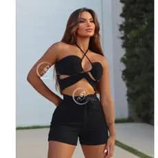 Conjunto Feminino Cropped e Short Conjuntinho Moda Gringa Top e Shortinho Casual Balada