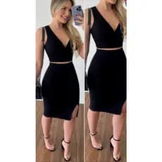 Conjunto Feminino Malha Canelada Conjunto Saia Midi e Cropped