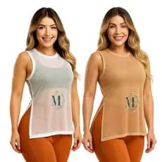 kit 2 Blusa Feminina Transparente de Tule Manga Curta Camiseta Regata Academia Treino