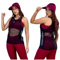 Regata Feminina Fitness Telinha Arrastão Transparente Furadinha Blusa Academia Detalhe Lateral