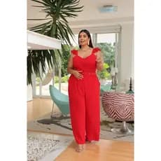 Macacão Longo Calça Pantalona Alça Babado Festas Vermelho Plus Size
