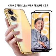 Capa Capinha + Película de Vidro 3D Realme C55 Capa Anti Impacto Bordas Reforçadas Transparente