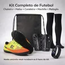 Kit Completo de Futebol Society com Chuteira Meião Caneleira Mochila e Relógio Digital
