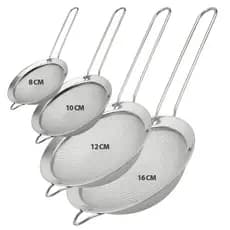 Kit 4x Peneira Inox 8/10/12/16cm para Cozinha Drinks Confeitaria Polvilhar Peneirar Açúcar Farinha