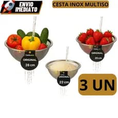 Kit 3 Cestas em Inox 22cm 25cm 28cm Escorredor Multiuso de Macarrão Legumes Arroz Fruteira