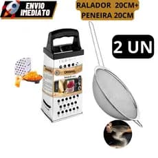 Kit Peneira Coador Inox 20cm + Ralador 4 Faces Inox Legumes Cozinha Receitas