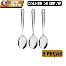 KIT 3 Colher De Arroz GRANDE Cabo Longo 100 % Aço Inox 26cm Casa Restaurante Buffet