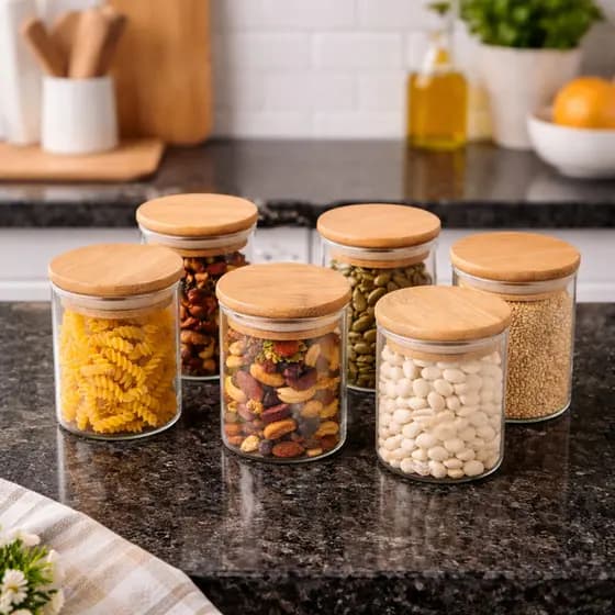 Conjunto 6 Potes de Vidro com Tampa de Bambu 250ml Hermético para Temperos e Alimentos  Vedação