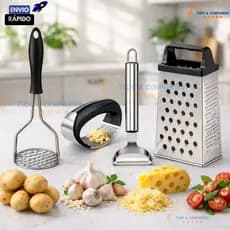 Kit Utensílios Ralador 4 Faces Amassador de Batata Amassador Alho Descascador de Legumes em Inox