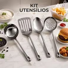 Kit 4 Peças Utensílios Essenciais em Aço Inox Colher Concha Espátula Vazada Escumadeira