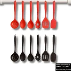 Kit 6 Utensílios p/ Cozinha de Silicone Colher Espátula Concha  Antiaderente Preto e Vermelho