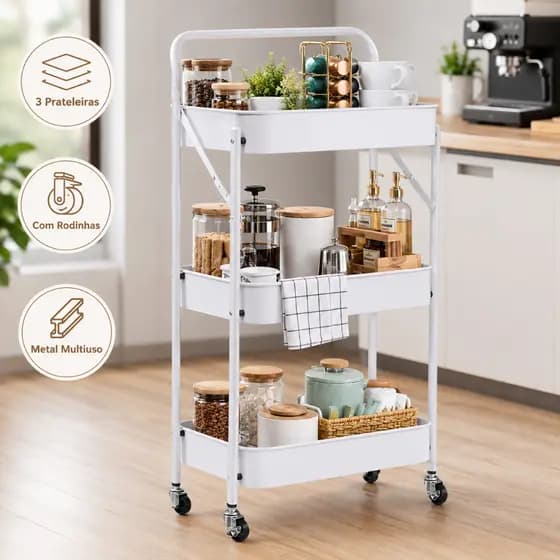 Carrinho Organizador com Rodinhas 3 Prateleiras Metal Quarto Cozinha Multiuso