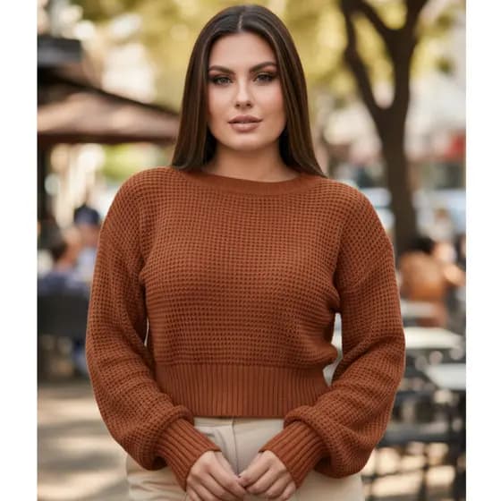 Suéter Feminino Tricot Cropped Manga Longa Gola Canoa Blusa de Frio Inverno