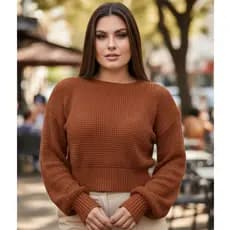 Suéter Feminino Tricot Cropped Manga Longa Gola Canoa Blusa de Frio Inverno