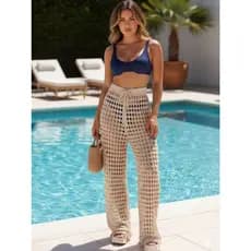 Calça Saída De Praia Tricot Feminina Verão Flare Luxo Trico Furadinha Crochê Pantalona Influencer