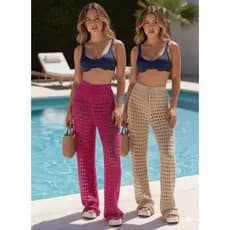 Kit 2 Calças Saída De Praia Tricot Feminina Verão Flare Luxo Furadinha Furinho Crochê Pantalona
