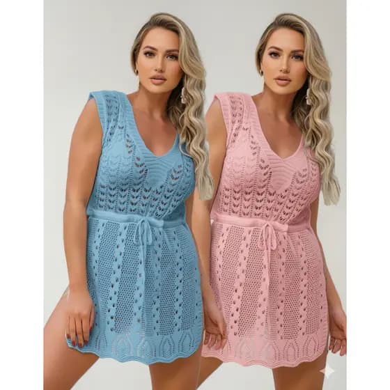 Kit 2 Saída De Praia Curta Fenda Acinturada Verão Tricot Rendada Influencer Tricô