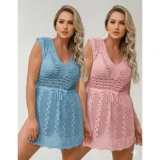 Kit 2 Saída De Praia Curta Fenda Acinturada Verão Tricot Rendada Influencer Tricô