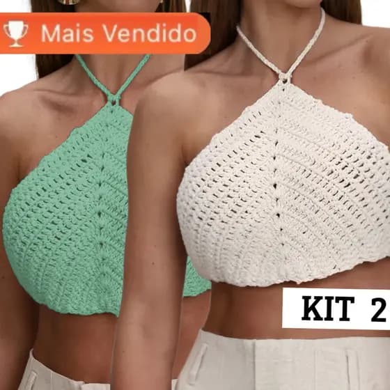 Kit 2 Cropped Top de Crochê Feminino Verão Topinho Triangulo Com Amarração Influencer
