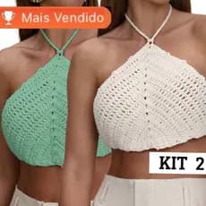 Kit 2 Cropped Top de Crochê Feminino Verão Topinho Triangulo Com Amarração Influencer