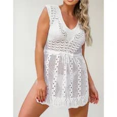 Saida De Praia Curta Fenda Acinturada Tricot De Amarrar Vestido Decote V Trabalhada