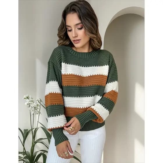 Suéter Feminino Blusa De Frio Listrada Tricot Manga Longa Tricô Cacharrel Golinha 3 cores