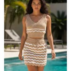 Conjunto Saída De Praia Listrado Feminino Tricô Saia E Top Cropped Tricot Rendados Tendência Verão