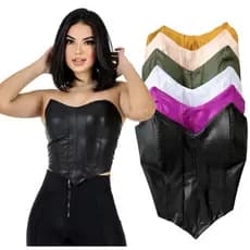 Cropped Feminino Morcego Preto Corset Couro Fake Corselet Courino Top Tomara Que Caia Com Bojo