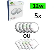 Kit 5 Luminária Plafon Led 12W Quadrado Redondo Sobrepor Alumínio Branco Frio 6500K