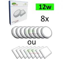 Kit 8 Luminária Plafon Led 12W Quadrado Redondo Sobrepor Alumínio Branco Frio 6500K