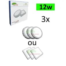 Kit 3 Luminária Plafon Led 12W Quadrado Redondo Sobrepor Alumínio Branco Frio 6500K