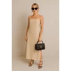 Vestido Feminino Longo Fenda Lateral Alças Ajustáveis Estilo Minimalista Elegância Fresh