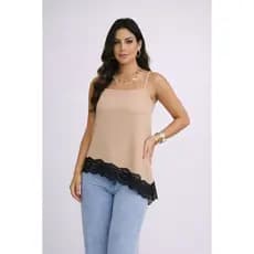 Blusa Feminina Regata Crepe Duna com Renda Alça Regulável Soltinha Elegante Casual