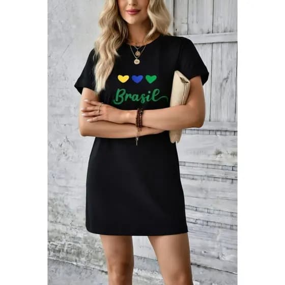 Vestido Curto Feminino Copa Brasil Estampa Corações Fashion