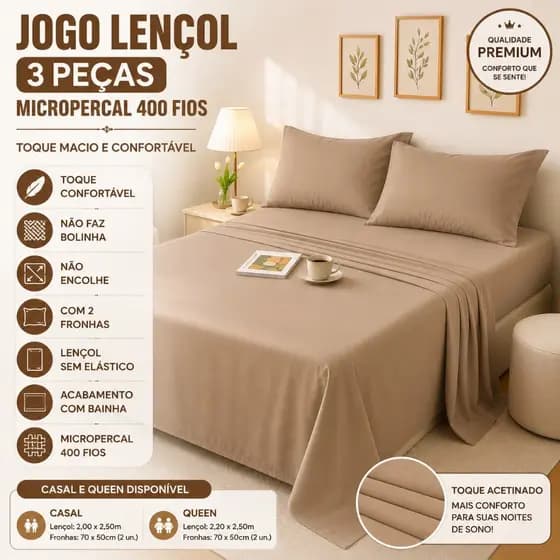 Jogo De Lençol Superior 3PCs Sem Elástico Micropercal 400 Fios Com Bainha Casal Queen Com Fronhas