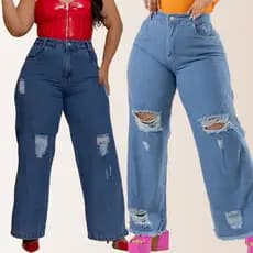 Kit 2 Calças Jeans Plus Size Wide Leg Feminina Cintura Alta