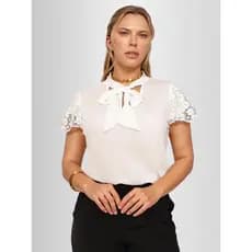 Blusa Laço Evangélica Blusinha Gola Rendada Feminina Social Camisa Manga Curta Lisa Camiseta