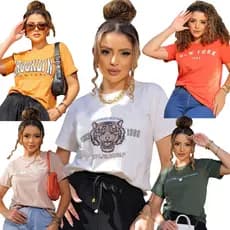 Kit 5 Blusa Feminina T-Shirt Cropped Estonada Blusa Feminina Elegante Feminino Camiseta Feminina