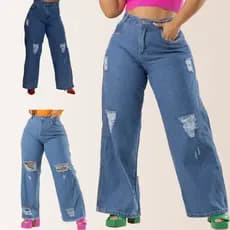 Kit 3 Calça Jeans Cintura Alta Plus Size Wide Leg Feminina
