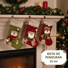 Meia Natal Decorativa 25cm Kit 3 Peças Papai Noel Rena Boneco Neve Enfeite Porta Lareira Decoração