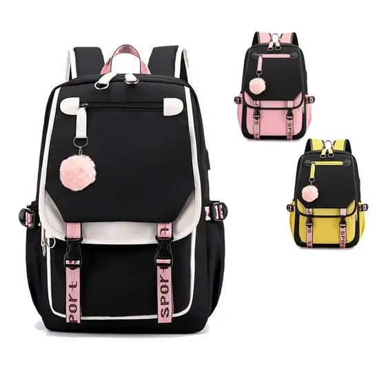 Mochila Escolar Com Porta Usb À Prova D'água Estilo Kawai Juvenil Coreano com Chaveiro Pelúcia