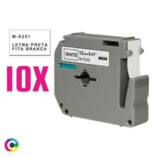 Kit 10 Fita Rotuladora MK231 Branca c Escrita Preta Brother PT-65 PT-85 PT-100 PT-110 PT-70BM PT-80
