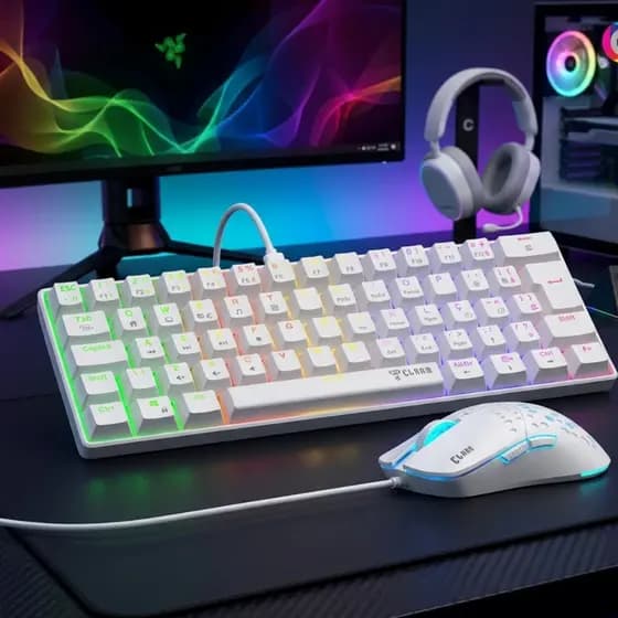 Kit com Teclado Mecanico Gamer + Mouse Gamer com Fio RGB Branco Reaver Clanm Premium Confortável