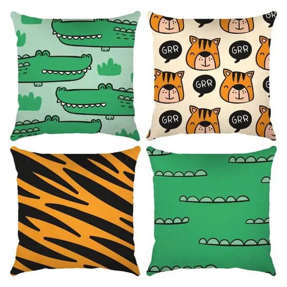 Kit 04 Capa de Almofada 42cm x 42cm Digital Estampa Tigre Jacaré Infantil