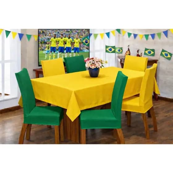 Kit Capa de Cadeira + Toalha De Mesa Copa Do Mundo Verde e Amarelo Decoração Para 4 ou 6 Lugares