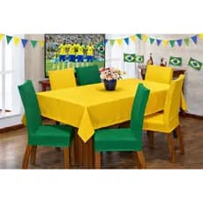 Kit Capa de Cadeira + Toalha De Mesa Copa Do Mundo Verde e Amarelo Decoração Para 4 ou 6 Lugares