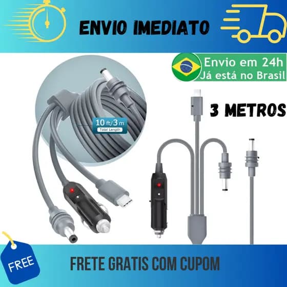 Cabo 3 em 1 Para Starlink Mini Usb-c 12v/24v DC 3 Metros Veicular Power Bank 100W À Prova Dágua